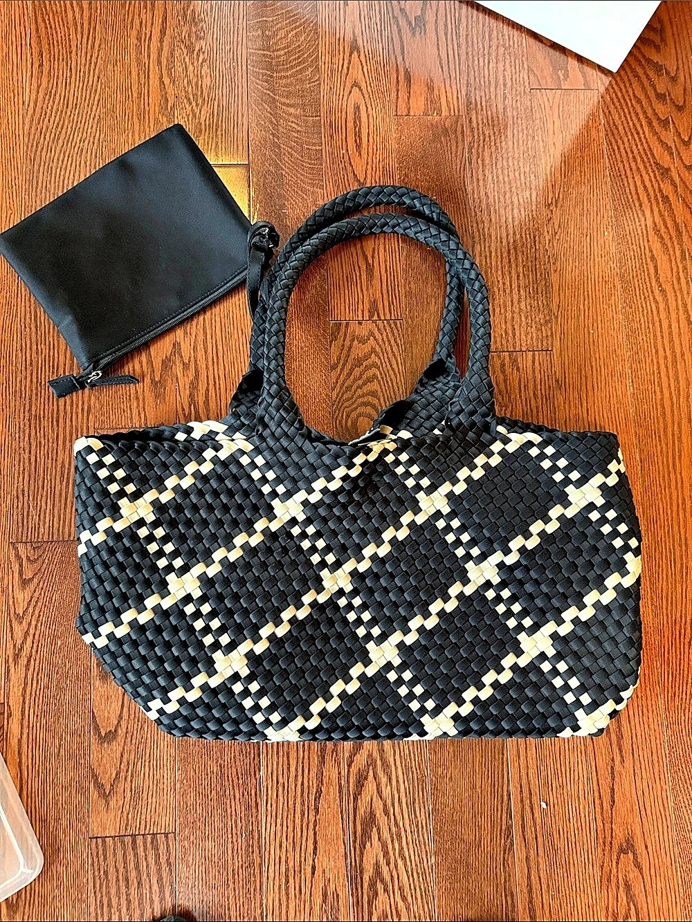 BCBGMAXAZRIA Woven Large Tote Bag & Pouch Set in Black & Cream